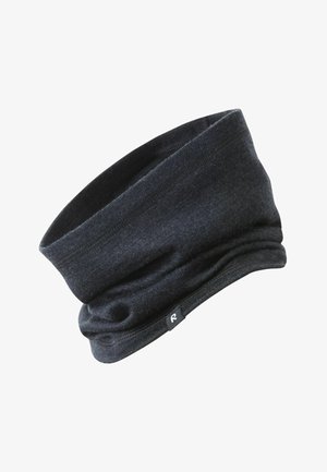 Black fabric neck warmer with a seamless design, soft texture, and a visible logo tag. Stretchy material allows for a comfortable fit.