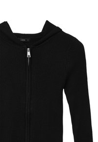 Schwarze, gerippte Zip-Hoodie mit Kapuze, ausgestattet mit einem metallischen Reißverschluss und einem taillierten Schnitt. Hergestellt aus strukturiertem Stoff für zusätzliche Wärme.
