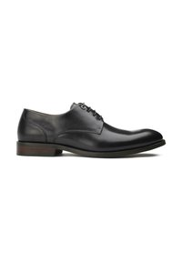 Black leather dress shoe with a smooth finish, lace-up design, rounded toe, and a brown accent on the heel. Features minimal stitching.