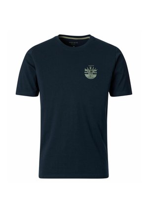 Granatowy krótki rękaw, t-shirt z okrągłym dekoltem i małym okrągłym logo na lewej piersi z napisem "Ride the Wave Summer Paradise."