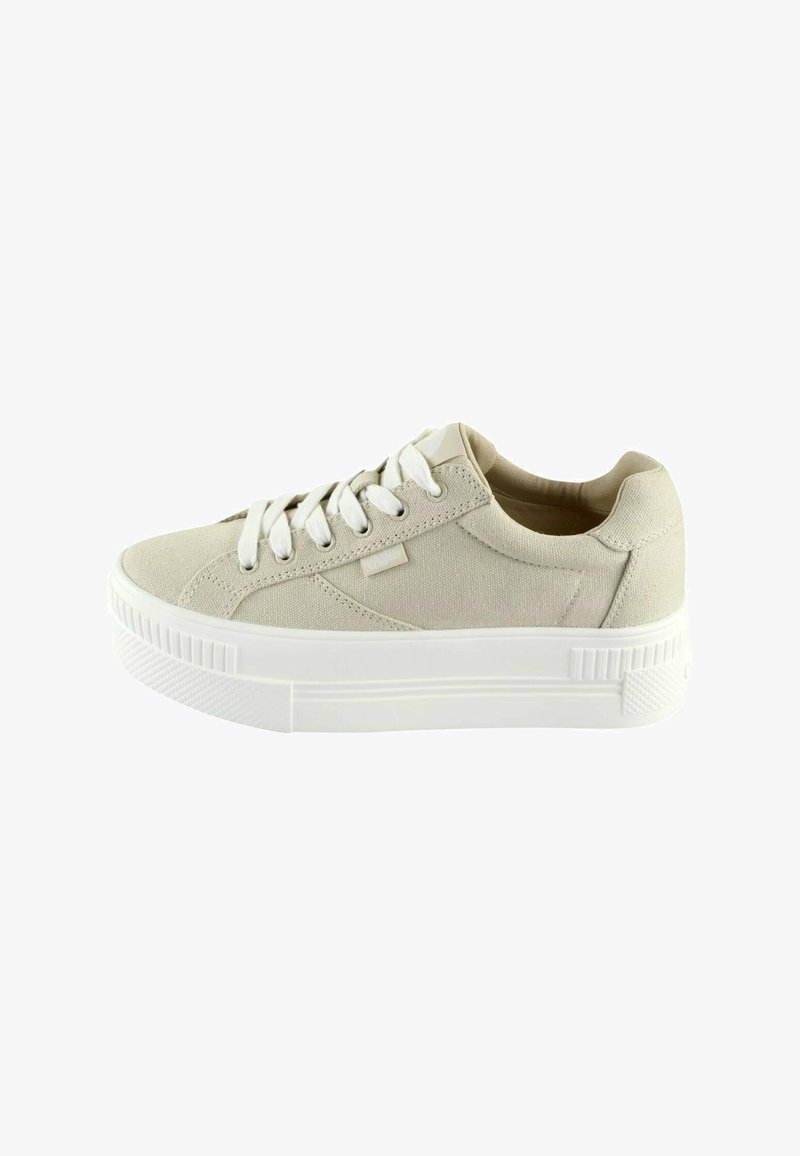 Beige kanvas sneakers med vita gummisulor, rund tå och platta snören. Har en diskret logotyp på sidan.