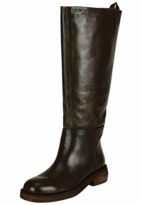 Botas de cuero hasta la rodilla en marrón oscuro con un acabado suave, tacón apilado y detalles decorativos mínimos. Cuenta con una tira en la parte posterior para facilitar su uso.