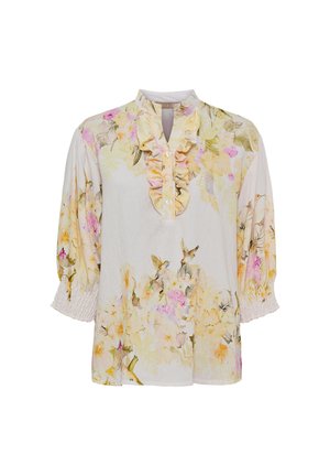 Let bluse med flæset knapstolpe, trekvart puffede ærmer og et blomsterprint med gule, pink blomster og små fugle.