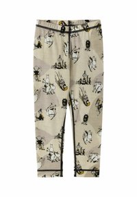 Legginsy w jasnym beżowym materiale z wzorem przedstawiającym postacie z kreskówek uprawiające sporty zimowe, wyeksponowane ciemnym ściegiem.