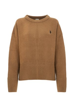 Maglione marrone lavorato a maglia con orlo e polsini a coste, caratterizzato da una scollatura rotonda e un piccolo logo nero sul petto. Tessuto morbido e strutturato.