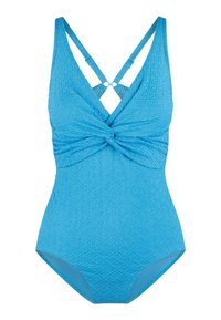 Blauwe textuur badpak met een gedraaide voorkant, voorzien van een V-hals en kruislings straps, versierd met een ronde sleutelgatdetail.