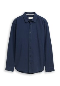 Una camicia a maniche lunghe blu navy con un piccolo motivo a quadretti, colletto button-down, bottoni frontali e orlo curvato. Realizzata in tessuto morbido.