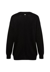 Schwarzer Strickpullover mit lockerer Passform, rundem Halsauschnitt und langen Ärmeln. Texturierter Stoff mit glatter Oberfläche und dezentem Glanz.