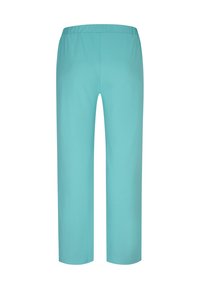 Turquoise broeken met een rekbare tailleband, een recht model en een gladde textuur. Geen zakken of andere opvallende details zichtbaar.