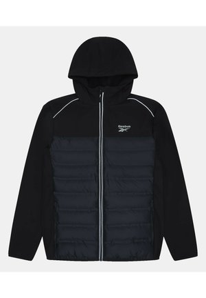 Czarna kurtka z ocieplaną przodem, kapturem i odblaskowymi akcentami. Posiada zamek błyskawiczny i kieszenie boczne. Wykonana z lekkiego materiału.