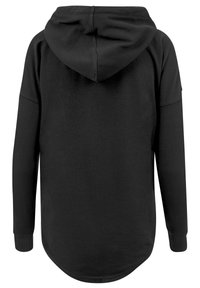 Felpa nera con cappuccio, maniche lunghe, orlo arrotondato e polsini a coste. Realizzata in un tessuto liscio e uniforme senza motivi visibili.