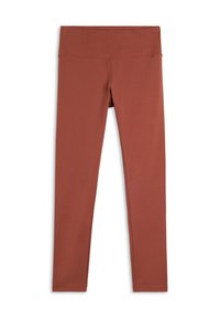 Leggings color ruggine realizzati in un tessuto liscio e elasticizzato; presentano una vita alta e un design aderente. Nessun motivo visibile o hardware.