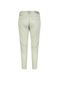 Ljusgröna, avsmalnande byxor gjorda av ett mjukt tyg. Har bakfickor och ett slätt midjeband med en varumärkesetikett sydd på baksidan.