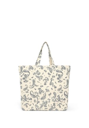 Borsa tote in cotone con motivo paisley blu navy su sfondo crema. Presenta due manici corti e una forma rettangolare.