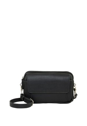 Kleine zwarte leren crossbodytas met voorklepzak, zilveren rits en afneembare band, geplaatst op een witte achtergrond.