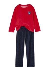 Rotes Langarmshirt mit rundem Halsausschnitt und navyblauen Plüschhosen. Das Shirt hat ein Badge-Design mit der Aufschrift 'POLICE PATROL NY'.