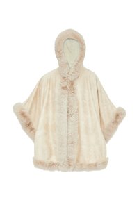 Fleece-Poncho in hellbeige mit einer weichen, flauschigen Kapuze und Bordüre. Verfügt über weite Ärmel und eine offene Vorderseite, die einen gemütlichen, oversized Schnitt schaffen.