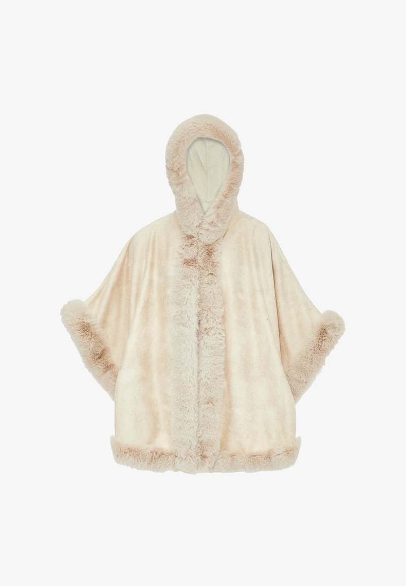 Fleece poncho i ljusbeige med en mjuk, fluffig huva och kant. Har vida ärmar och en öppen front, vilket ger en bekväm, oversized passform.