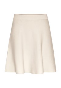 Knee-length, A-line hame, joka on valmistettu kermaisen värisestä kankaasta, jossa on sileä rakenne ja leveä vyötärönauha, ja joka tarjoaa liehuvan siluetin.