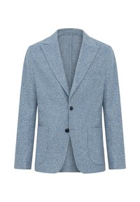 Blazer azzurro chiaro realizzato in tessuto a spina di pesce, con rever a punte, due tasche frontali e due bottoni scuri.