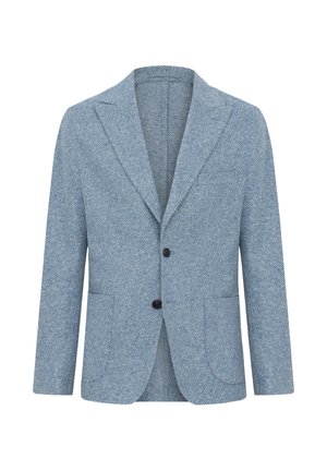 Hellblaues Blazer aus Stoff im Fischgratmuster, mit Reverskragen, zwei vorderen Taschen und zwei dunklen Knöpfen.