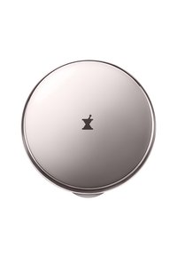 Runder, silberfarbener Deckel mit glatter Oberfläche und einem kleinen, zentralen Icon in Schwarz. Minimalistisches Design mit glänzender Oberfläche.