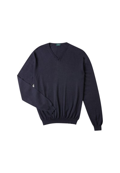 Marineblauer Pullover aus weichem, leichtem Material, mit V-Ausschnitt und langen Ärmeln, die elastische Bündchen und einen elastischen Saum haben.