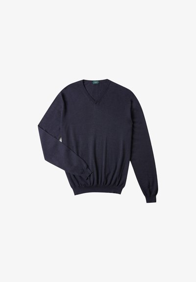 Marineblauer Pullover aus weichem, leichtem Material, mit V-Ausschnitt und langen Ärmeln, die elastische Bündchen und einen elastischen Saum haben.