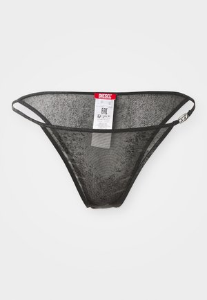 Zwarte gaasstring met dunne elastische banden, voorzien van een label met de merknaam 'Diesel.' Textuurstof en een ontwerp met minimale bedekking.