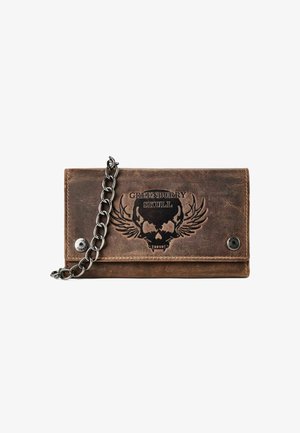 Portafoglio in pelle marrone con catena metallica e design goffrato di teschio alato con la scritta "Greenburry Skull" sulla pattina frontale.