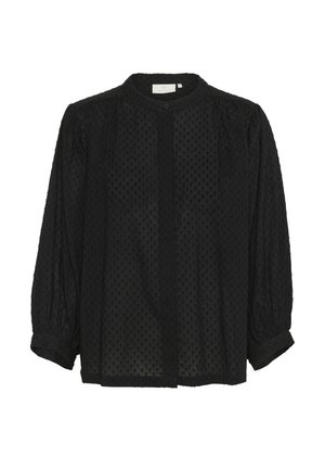 Black blouse made of textured fabric with small raised dots, long puff sleeves, a round collar, and a button closure at the front.