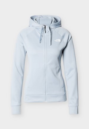 Sudadera con capucha de color azul claro con cremallera, bolsillos delanteros, cordones ajustables y un logotipo de marca blanco en el pecho izquierdo.