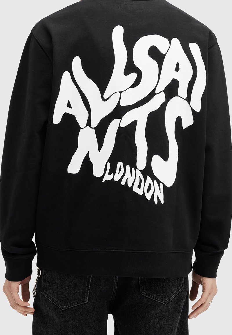 Black sweatshirt featuring large white “ALLSAINTS LONDON” logo on the back. Material appears soft; design includes a crew neck and ribbed cuffs.