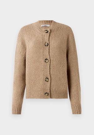 Beige chunky knit cardigan with long sleeves, ribbed cuffs and hem, and five large brown buttons down the front.