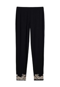 Zwarte broek met een elastische tailleband, voorzien van een smalle zoom versierd met beige bloemenkant aan de manchetten. Zachte stoftextuur.