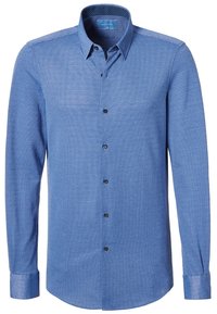 Camicia blu a maniche lunghe con un motivo testurizzato, colletto button-down, bottoni neri e polsini con bottone. Tessuto in misto cotone.