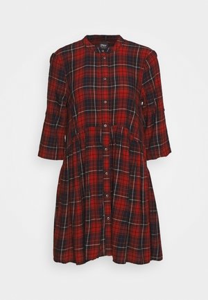 Red and black plaid button-down dress with three-quarter sleeves and a slight gathered waist, displayed on a white background.