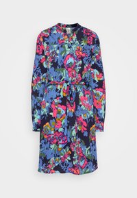 Blommönstrad klänning med marinblå botten och livliga mönster i rosa, blått och grönt, långärmad och med knytning i midjan för en figurnära look.