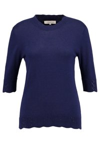 Námořnicky modrý pletený svetr s kulatým výstřihem, krátkými rukávy a krajkovými detaily na lemu a okrajích rukávů. Jemná textura a přiléhavý střih.