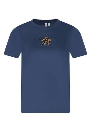 T-shirt bleu marine à manches courtes avec une étoile imprimée léopard centrée sur la poitrine, col rond et ourlet droit.