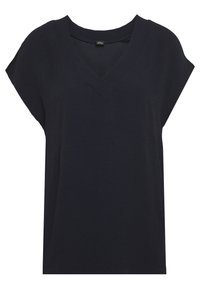 Top blu navy a maniche corte con scollo a V. Realizzato in tessuto morbido, presenta una vestibilità comoda e dettagli minimi.