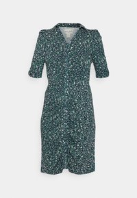 Robe mi-longue florale verte et marine avec des manches courtes, en V et un léger plissé le long de la couture centrale devant.