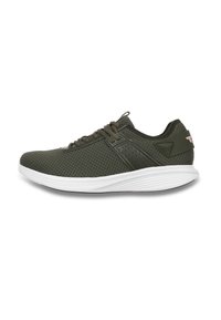 Scarpa sportiva verde scuro con tomaia in tessuto a rete, suola intermedia bianca, suola in gomma liscia e dettagli neri e rosa chiaro sul tallone.