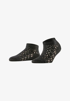 Black ankle socks with a lace pattern, ribbed cuffs, and a subtle sheen. The design features cut-out details for a breathable texture.