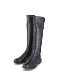 Bottes en cuir noir montant jusqu'aux genoux avec une finition lisse, panneaux latéraux élastiques, bout rond et semelle plate. Design simple et élégant.