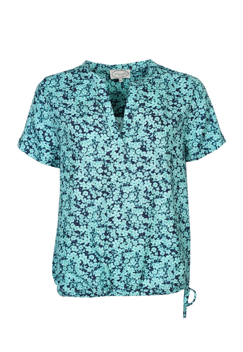 Blütenbluse in hellem Teal und Marineblau, kurze Ärmel, V-Ausschnitt, Bindedetail am Saum, leichtes Gewebe mit strukturiertem Muster.