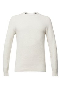 Pull tricoté blanc à manches longues avec col rond et poignets et ourlet côtelés, présenté sur un fond blanc uni.