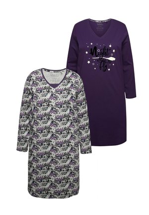 Due due notte: una viola con la scritta "Night Fly" e stelle, e una con motivi floreali in bianco, nero e viola. Entrambi hanno scollature a V.