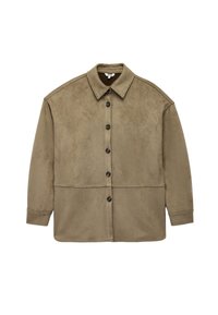 Khaki mokkanahka paita-takki, jossa on levitetty kaulus, pitkät hihat ja suuret etunapit. Tyylille on ominaista sileä pinta ja kaksi vaakasaumaa.