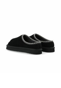 Pair of black slip-on slippers with patterned trim and cushioned sole, shown from back angle on white background.